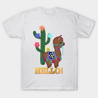 HELLO! Cute Little Brown Llama and Cactus | Cherie's Art(c)2021 T-Shirt